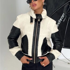RACHALE FAUX LEATHER SHEARLING JACKET BLACK / CREAM